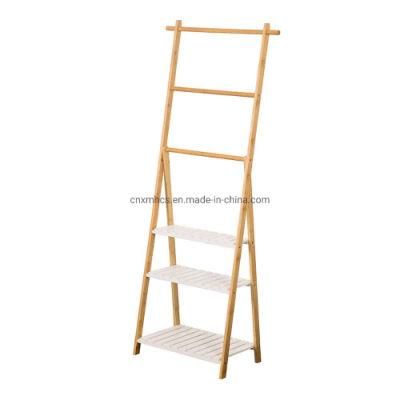 Wholesale Foldable Bamboo Free-Standing Towel Rack, Bathroom Shelf, Bamboo Blanket Ladder with 3 Shelves 3 Rails, Wooden Towel Holder