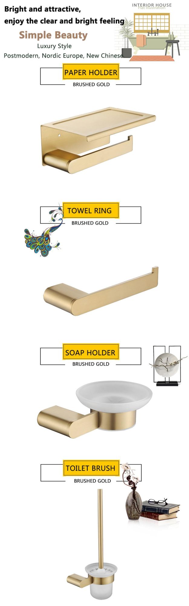 Bathroom Accessories Brushed Gold Paper Holder Towel Ring Towel Bar Tumble Holder Toilet Brush