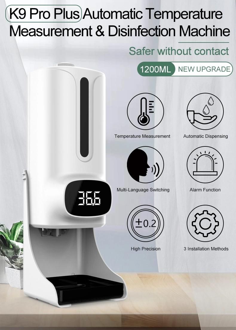 K9 PRO Plus Thermometer Dispenser Automatic Sensor Alcohol Soap Dispenser 1200ml Hand Sanitizer with 15/ 18 Languages