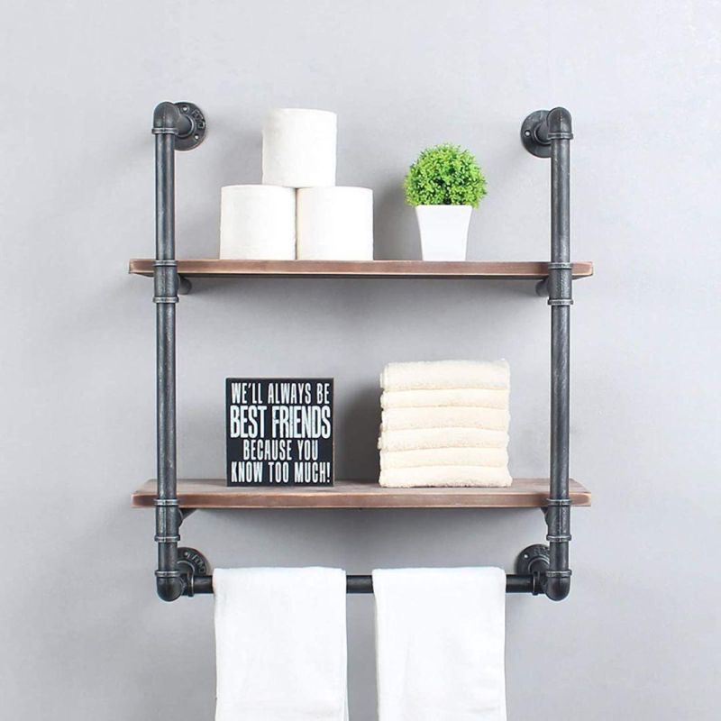 China Cast Iron Vintage Black Threaded Pipe Fitting 2-Tire Towel Rack for Clothing Decoration