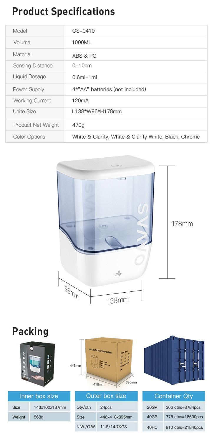 Kitchen Use 1000ml Large Capacity Automatic Dish Soap Dispenser