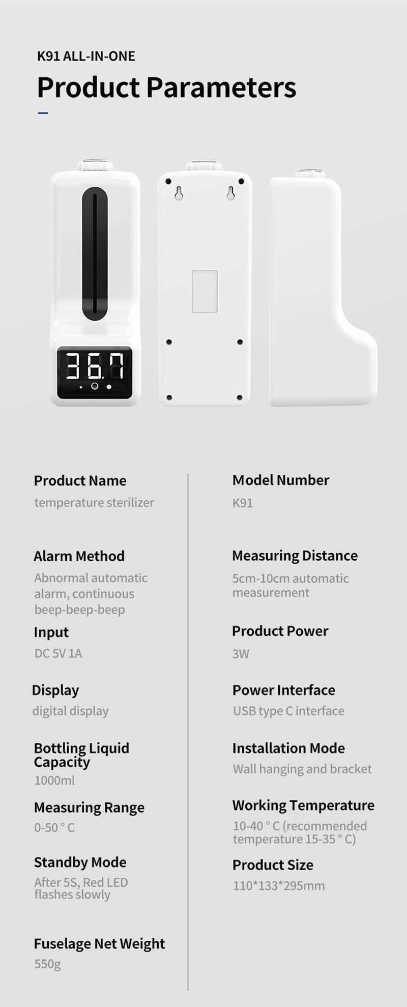 Intelligent Power Saving Temperature Measurement Automatic Hand Santizier Dispener with Automatic Alarm Function