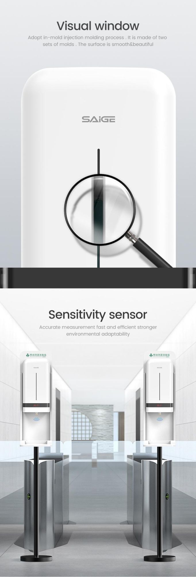 Saige 1000ml Wall Mounted Automatic Sensor Thermometer Hand Sanitizer Dispenser