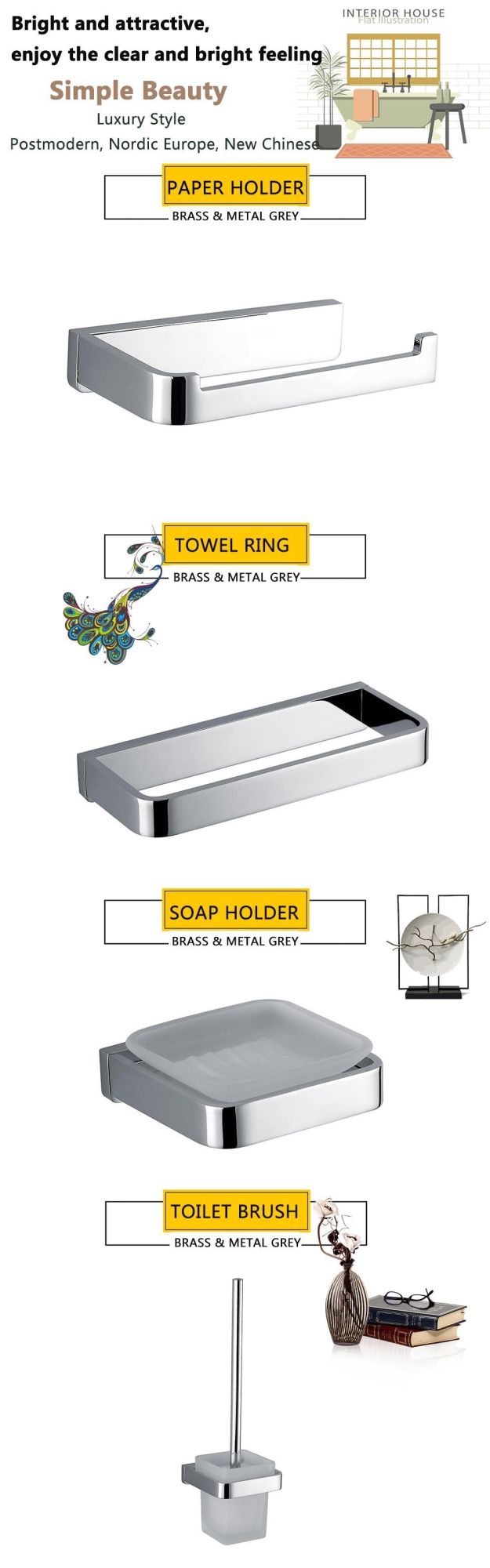 Modern Style Brass Chrome Bathroom Accessories Set for Hotel Home Bathroom