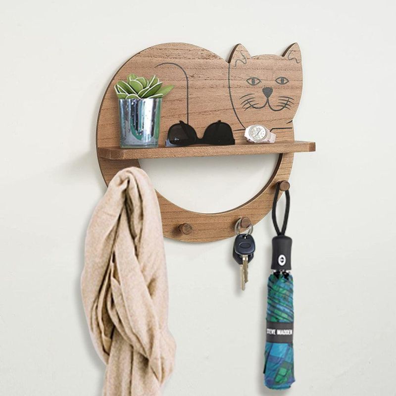 Decorative Floating Shelves Solid Wood Wall Display Shelf for Home Decor with 4 Coat Hooks