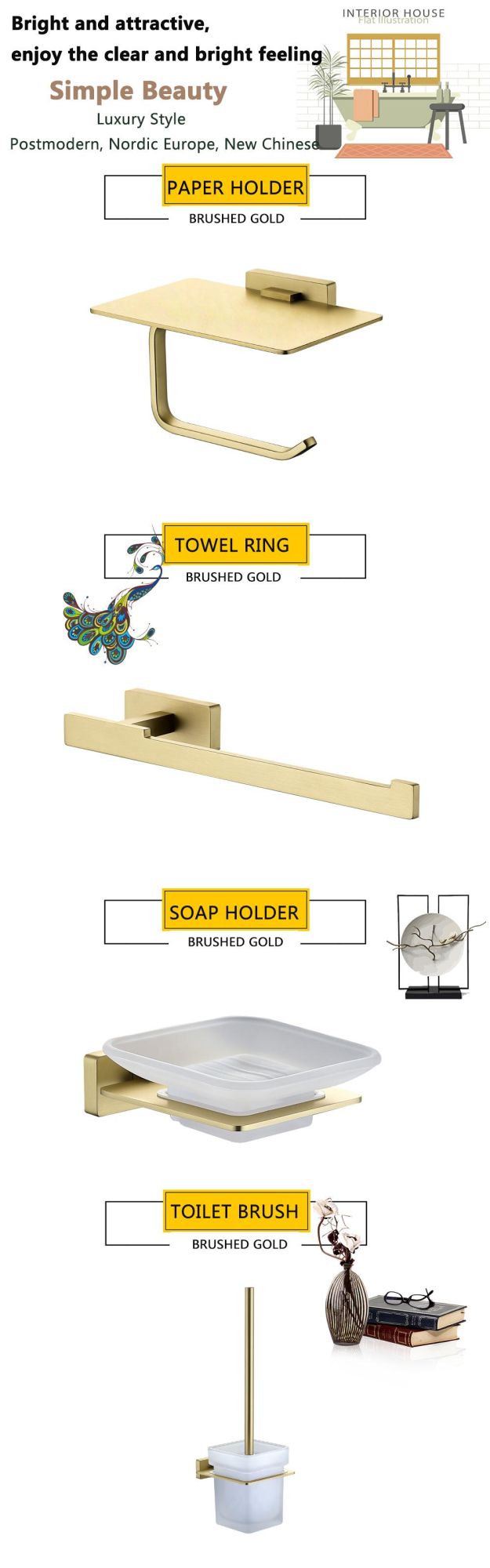 Bathroom Sanitary Brushed Gold Bathroom Fittings Paper Soap Shelf Towel Holder